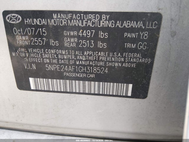 Aukcja sprzedaży 2016 Hyundai Sonata Se, vin: 5NPE24AF1GH318524, numer aukcji: 46398683