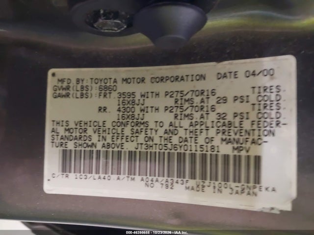 46398688 :رقم المزاد ، JT3HT05J6Y0115181 vin ، 2000 Toyota Land Cruiser مزاد بيع