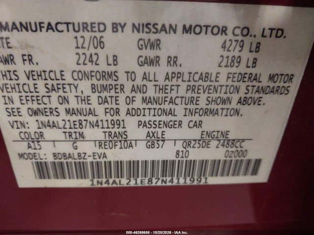 Aukcja sprzedaży 2007 Nissan Altima 2.5 S, vin: 1N4AL21E87N411991, numer aukcji: 46398698