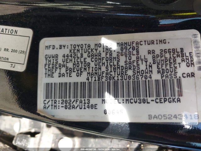 46398724 :رقم المزاد ، 4T1BF30K13U036704 vin ، 2003 Toyota Camry Xle V6 مزاد بيع