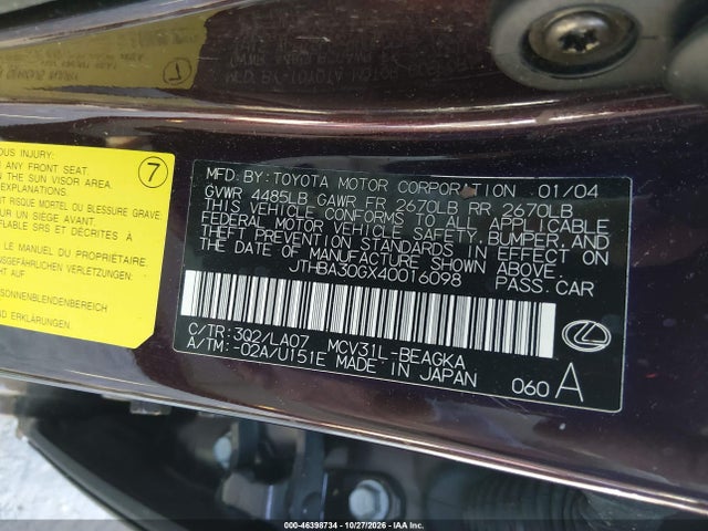 Aukcja sprzedaży 2004 Lexus Es 330, vin: JTHBA30GX40016098, numer aukcji: 46398734
