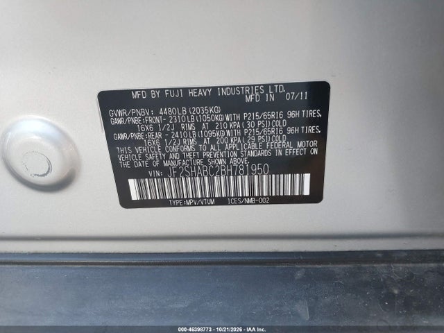 Aukcja sprzedaży 2011 Subaru Forester 2.5x, vin: JF2SHABC2BH781950, numer aukcji: 46398773