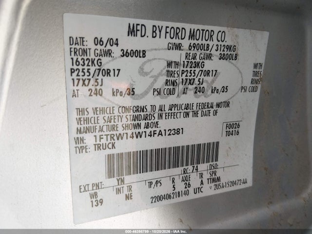 2004 Ford F-150 Xlt მანქანა იყიდება აუქციონზე, vin: 1FTRW14W14FA12381, აუქციონის ნომერი: 46398799