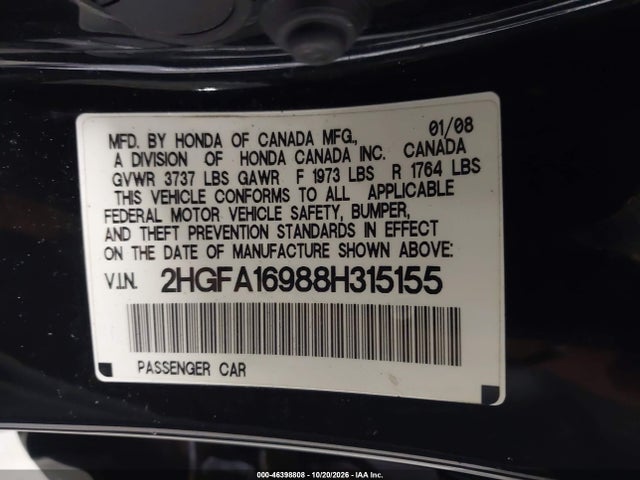Продаж на аукціоні авто 2008 Honda Civic Ex-l, vin: 2HGFA16988H315155, номер лоту: 46398808