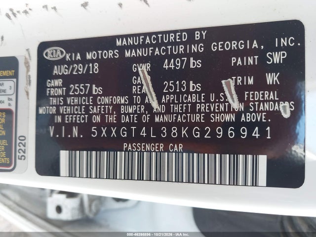 46398896 :رقم المزاد ، 5XXGT4L38KG296941 vin ، 2019 Kia Optima Lx مزاد بيع