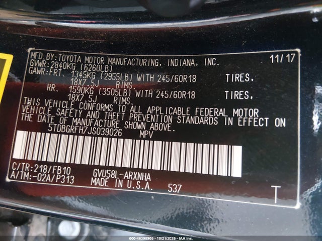 Aukcja sprzedaży 2018 Toyota Highlander Hybrid Le, vin: 5TDBGRFH7JS039026, numer aukcji: 46398905