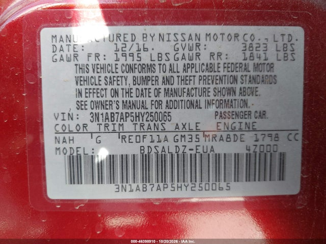 Продаж на аукціоні авто 2017 Nissan Sentra Sv, vin: 3N1AB7AP5HY250065, номер лоту: 46398910