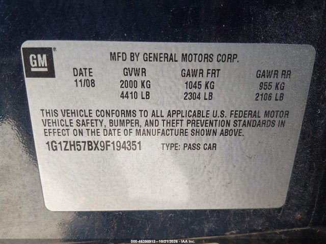 2009 Chevrolet Malibu Lt მანქანა იყიდება აუქციონზე, vin: 1G1ZH57BX9F194351, აუქციონის ნომერი: 46398912