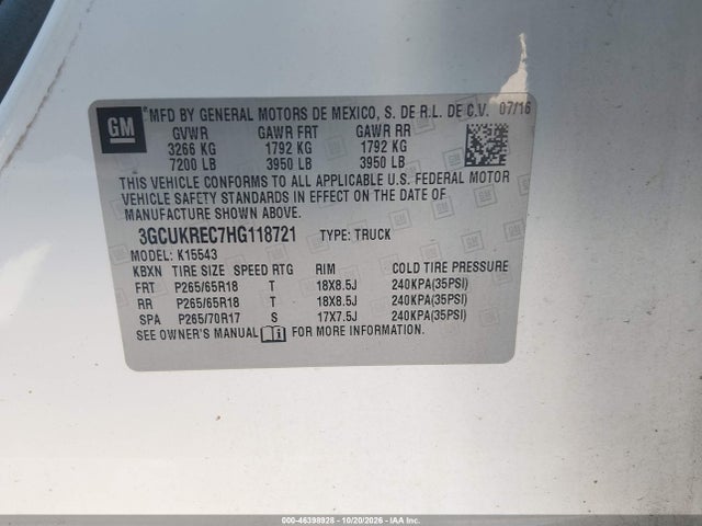 Aukcja sprzedaży 2017 Chevrolet Silverado 1500 2lt, vin: 3GCUKREC7HG118721, numer aukcji: 46398928