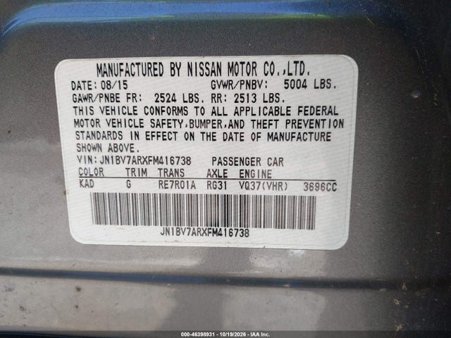 Aukcja sprzedaży 2015 Infiniti Q50 Premium, vin: JN1BV7ARXFM416738, numer aukcji: 46398931