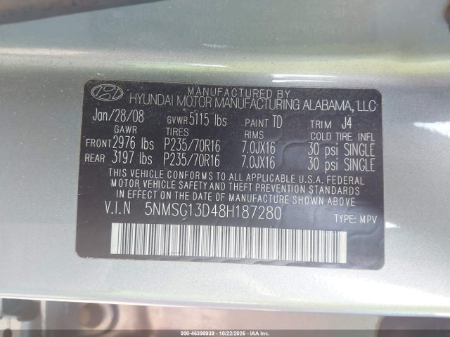 Продаж на аукціоні авто 2008 Hyundai Santa Fe Gls, vin: 5NMSG13D48H187280, номер лоту: 46398939