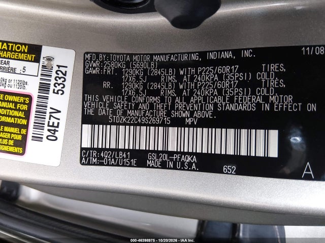 Продаж на аукціоні авто 2009 Toyota Sienna Xle, vin: 5TDZK22C49S269715, номер лоту: 46398975