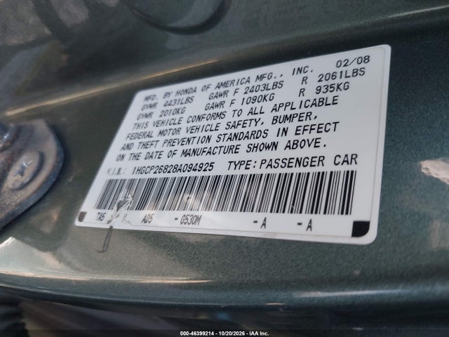 46399214 :رقم المزاد ، 1HGCP26828A094925 vin ، 2008 Honda Accord 2.4 Ex-l مزاد بيع