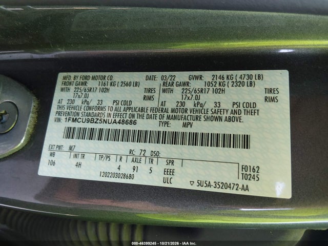 46399245 :رقم المزاد ، 1FMCU9BZ5NUA48686 vin ، 2022 Ford Escape Se Hybrid مزاد بيع