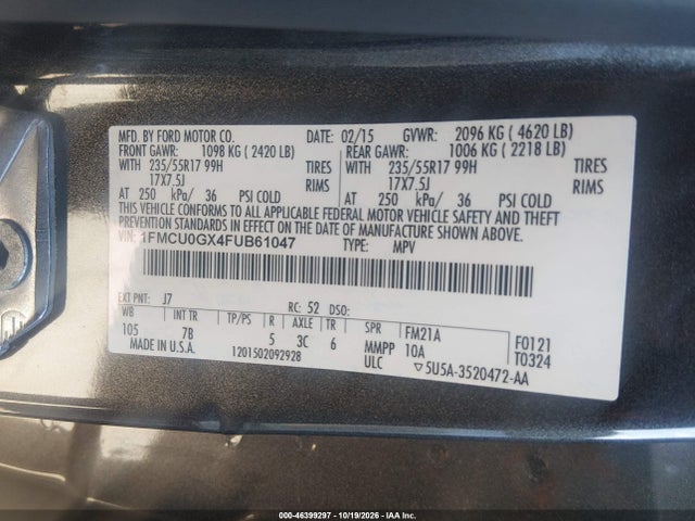 46399297 :رقم المزاد ، 1FMCU0GX4FUB61047 vin ، 2015 Ford Escape Se مزاد بيع