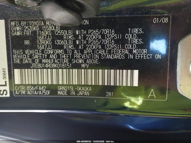 Aukcja sprzedaży 2008 Toyota 4runner Sr5 V6, vin: JTEBU14R08K018151, numer aukcji: 46399335
