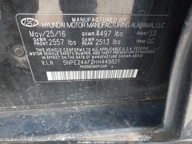 Продаж на аукціоні авто 2017 Hyundai Sonata Se, vin: 5NPE24AF2HH449821, номер лоту: 46399436