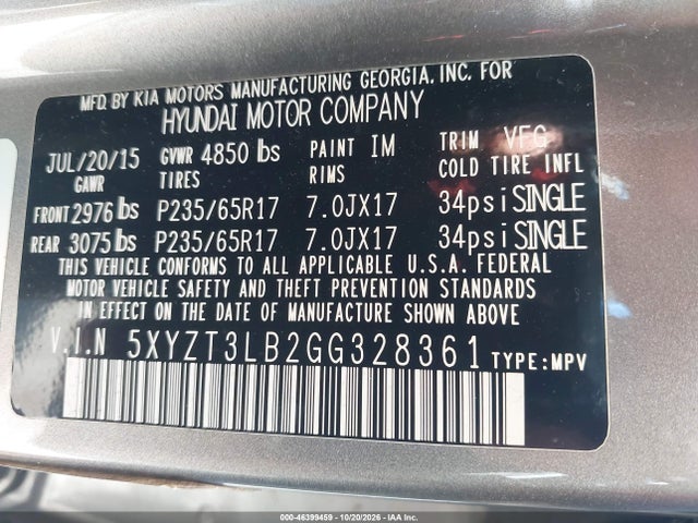 2016 Hyundai Santa Fe Sport 2.4l მანქანა იყიდება აუქციონზე, vin: 5XYZT3LB2GG328361, აუქციონის ნომერი: 46399459
