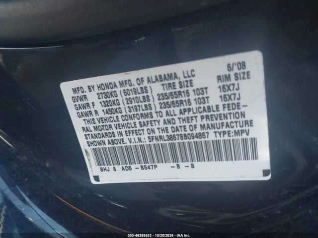 2008 Honda Odyssey Ex-l მანქანა იყიდება აუქციონზე, vin: 5FNRL38678B094867, აუქციონის ნომერი: 46399582