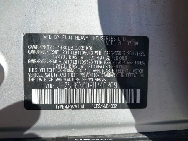 Aukcja sprzedaży 2009 Subaru Forester 2.5x, vin: JF2SH63609H746209, numer aukcji: 46399590