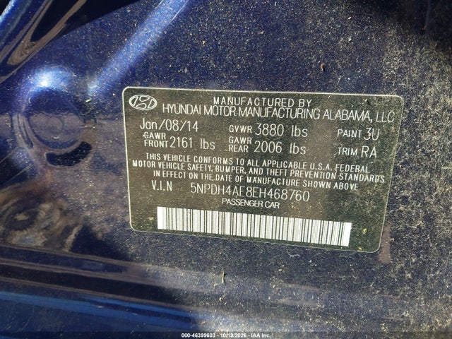 Продаж на аукціоні авто 2014 Hyundai Elantra Se, vin: 5NPDH4AE8EH468760, номер лоту: 46399603