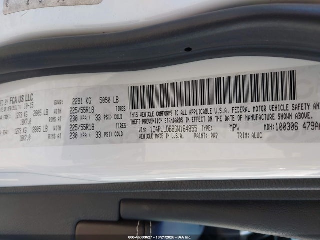 2016 Jeep Cherokee Limited მანქანა იყიდება აუქციონზე, vin: 1C4PJLDB8GW164855, აუქციონის ნომერი: 46399627