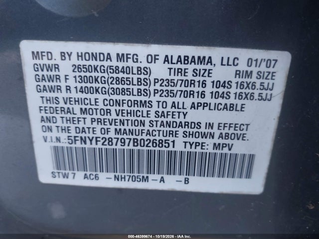 Aukcja sprzedaży 2007 Honda Pilot Ex-l, vin: 5FNYF28797B026851, numer aukcji: 46399674