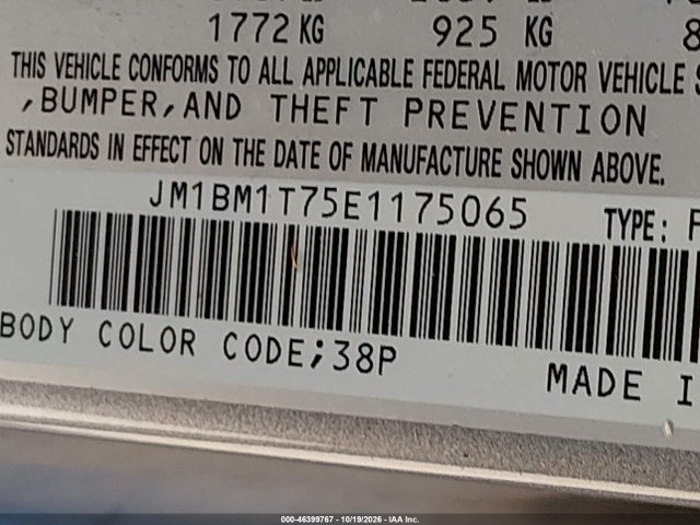46399767 :رقم المزاد ، JM1BM1T75E1175065 vin ، 2014 Mazda Mazda3 I Sv مزاد بيع