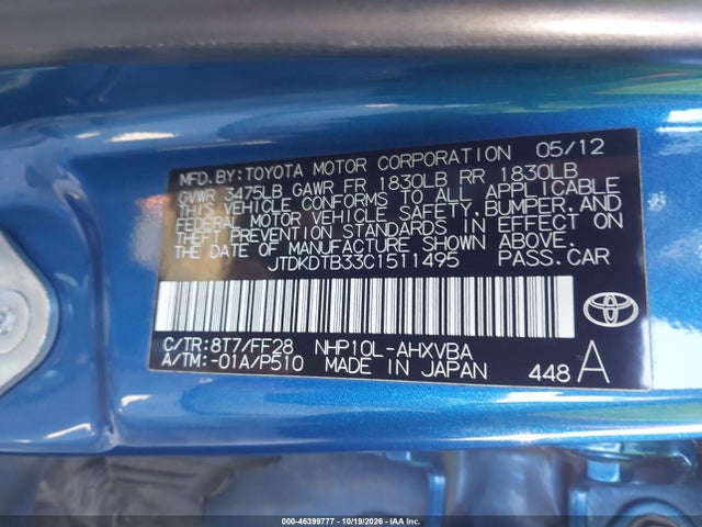 2012 Toyota Prius C Two მანქანა იყიდება აუქციონზე, vin: JTDKDTB33C1511495, აუქციონის ნომერი: 46399777