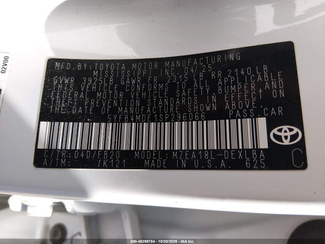 Aukcja sprzedaży 2025 Toyota Corolla Le, vin: 5YFB4MDE1SP296066, numer aukcji: 46399784