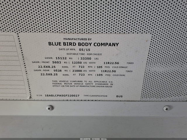 Продажа на аукционе авто 2016 Blue Bird School Bus / Transit Bus, vin: 1BABLCPA5GF320027, номер лота: 46399785