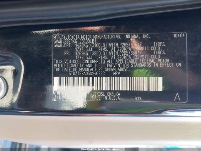 46399853 :رقم المزاد ، 5TDZT38A05S246323 vin ، 2005 Toyota Sequoia Limited V8 مزاد بيع