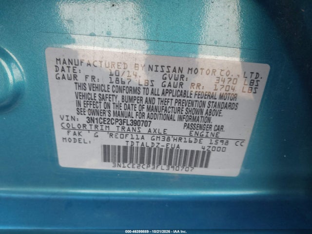 46399889 :رقم المزاد ، 3N1CE2CP3FL390707 vin ، 2015 Nissan Versa Note Sv مزاد بيع