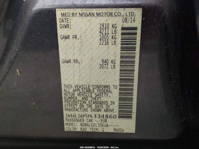 Продаж на аукціоні авто 2015 Nissan Altima 2.5/2.5 S/2.5 Sl/2.5 Sv, vin: 1N4AL3AP5FN334860, номер лоту: 46399932