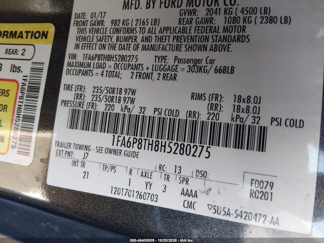 2017 Ford Mustang Ecoboost მანქანა იყიდება აუქციონზე, vin: 1FA6P8TH8H5280275, აუქციონის ნომერი: 46400009