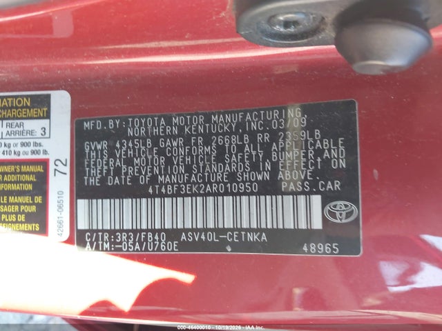 46400010 :رقم المزاد ، 4T4BF3EK2AR010950 vin ، 2010 Toyota Camry Le مزاد بيع