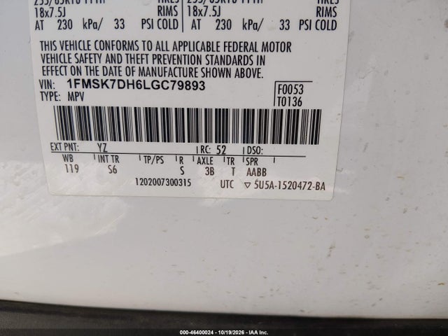 Aukcja sprzedaży 2020 Ford Explorer Xlt, vin: 1FMSK7DH6LGC79893, numer aukcji: 46400024