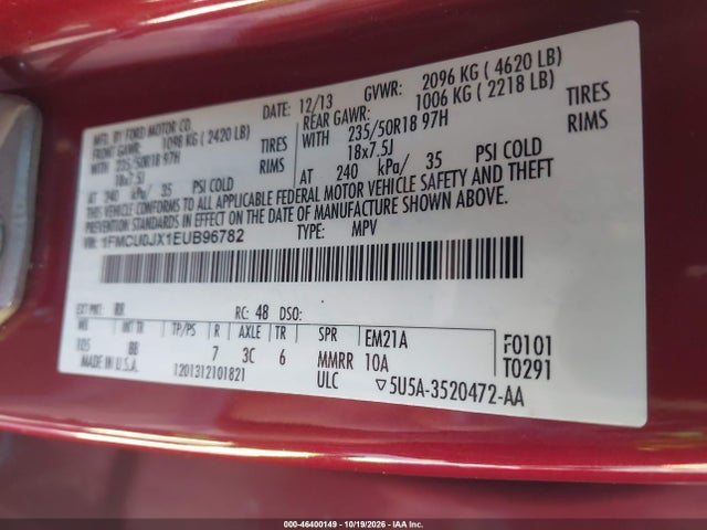 2014 Ford Escape Titanium მანქანა იყიდება აუქციონზე, vin: 1FMCU0JX1EUB96782, აუქციონის ნომერი: 46400149
