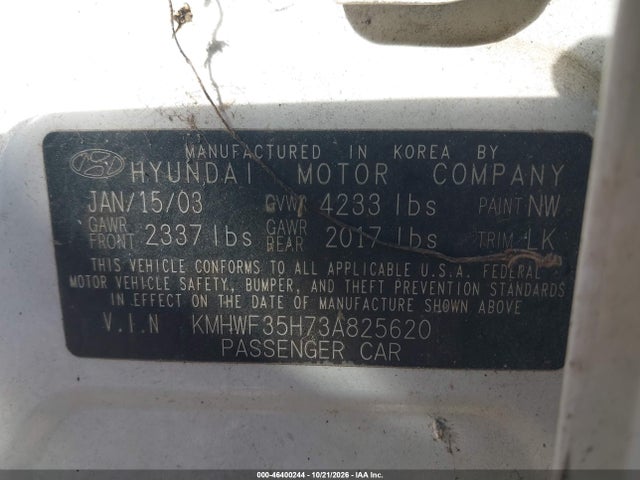 Продаж на аукціоні авто 2003 Hyundai Sonata Gls/lx, vin: KMHWF35H73A825620, номер лоту: 46400244