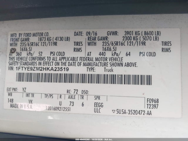 Продажа на аукционе авто 2017 Ford Transit-150, vin: 1FTYE9ZM2HKA23519, номер лота: 46400260