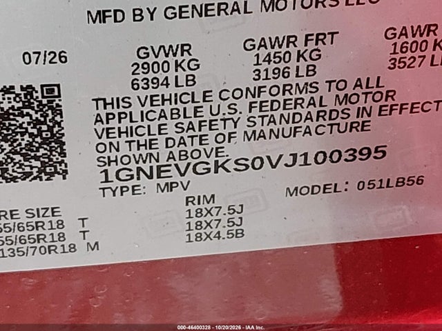 Aukcja sprzedaży 2027 Chevrolet Traverse, vin: 1GNEVGKS0VJ100395, numer aukcji: 46400328
