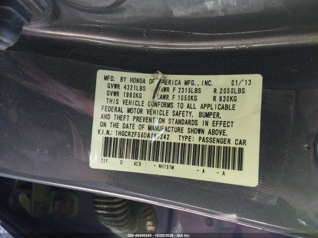 46400345 :رقم المزاد ، 1HGCR2F58DA097242 vin ، 2013 Honda Accord Sport مزاد بيع