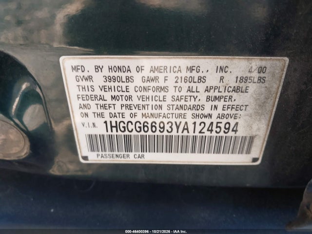 Aukcja sprzedaży 2000 Honda Accord 2.3 Se, vin: 1HGCG6693YA124594, numer aukcji: 46400396