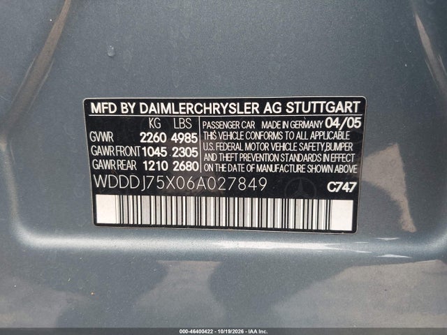 2006 Mercedes-benz Cls 500 მანქანა იყიდება აუქციონზე, vin: WDDDJ75X06A027849, აუქციონის ნომერი: 46400422