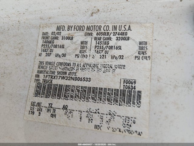 Продаж на аукціоні авто 2002 Ford F-150 Lariat/xl/xlt, vin: 1FTRX17W32NB06533, номер лоту: 46400437