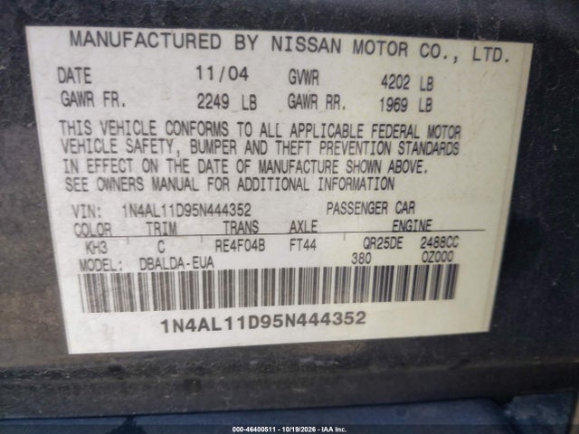 Продаж на аукціоні авто 2005 Nissan Altima 2.5 S, vin: 1N4AL11D95N444352, номер лоту: 46400511
