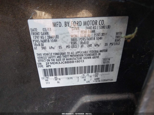Aukcja sprzedaży 2011 Ford Edge Sel, vin: 2FMDK3JC8BBB15013, numer aukcji: 46400573