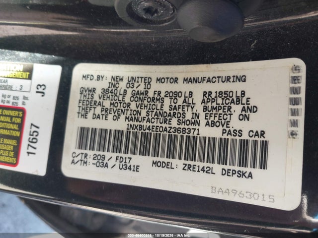 46400586 :رقم المزاد ، 1NXBU4EE0AZ368371 vin ، 2010 Toyota Corolla S مزاد بيع