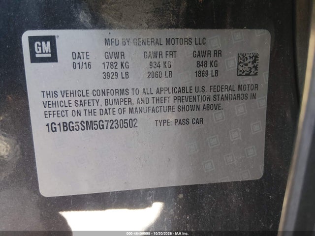 Продажа на аукционе авто 2016 Chevrolet Cruze Premier Auto, vin: 1G1BG5SM5G7230502, номер лота: 46400595