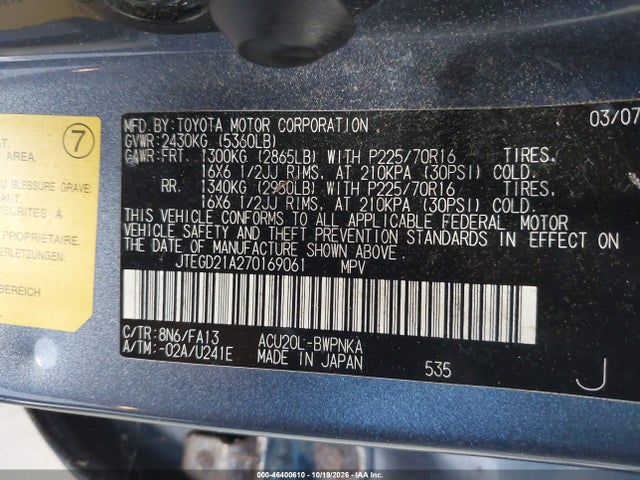 Продажа на аукционе авто 2007 Toyota Highlander, vin: JTEGD21A270169061, номер лота: 46400610